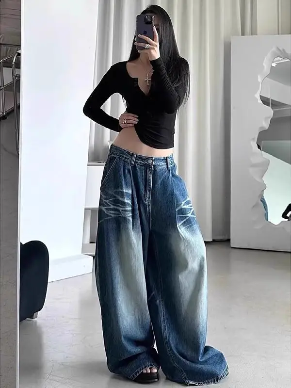 High Waist Wide Leg Women's Jeans American Waed Denim Pants Loose Straight Cut Trousers Floor-Length Autumn Winter New Sle