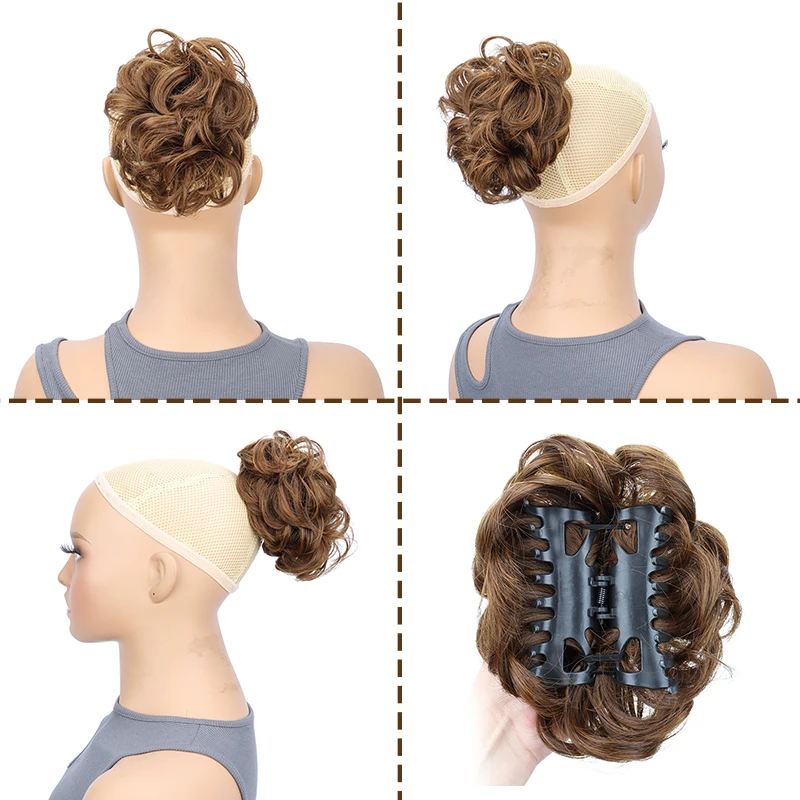 Moño sintético despeinado con pinza de cangrejo, extensión de cabello corto rizado y ondulado, negro y rubio para mujer 4