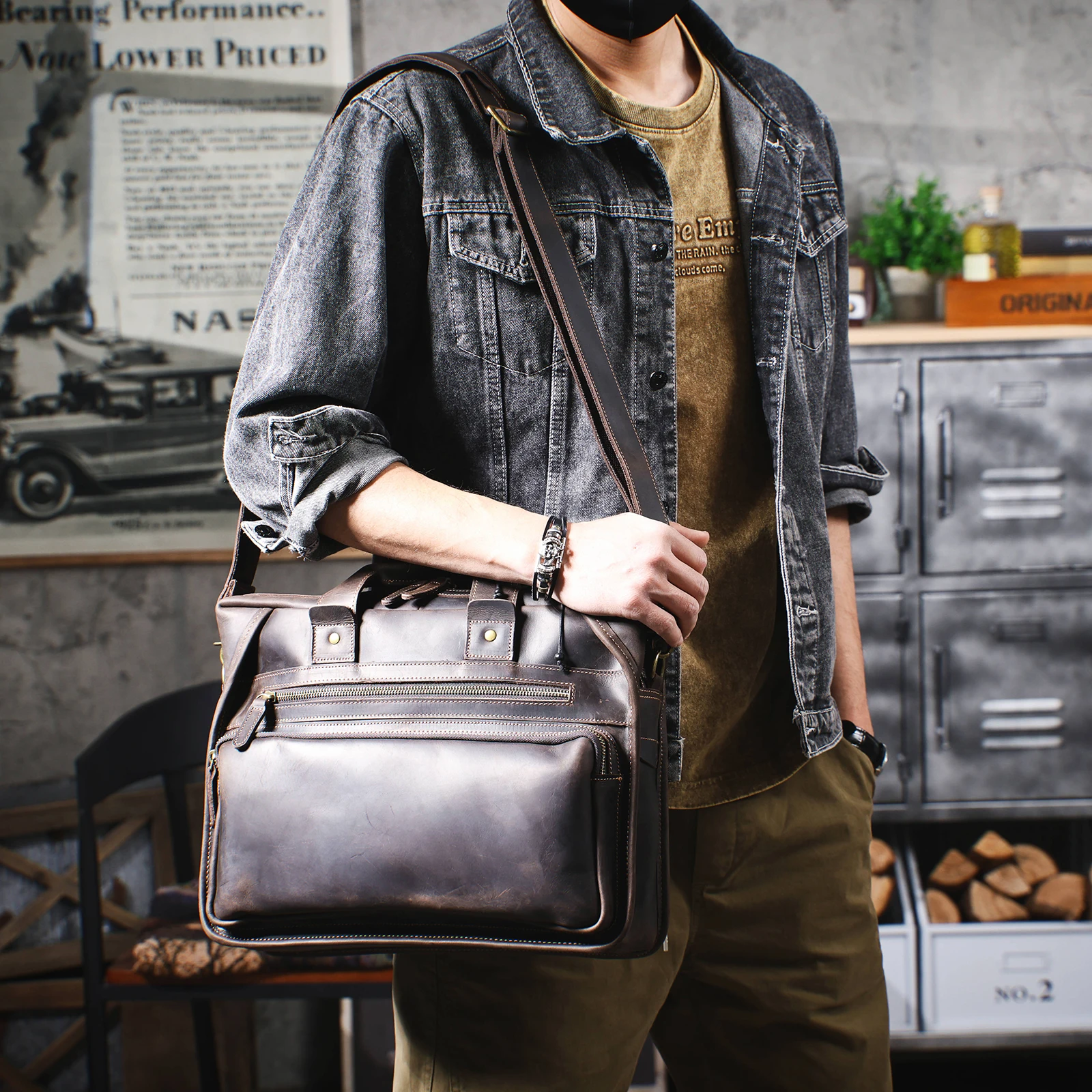 Vintage Echtleder Herren-Aktentasche 14" Laptop-Tasche Crazy Horse Leder Messenger-Handtasche Rindsleder Geschenkidee für Männer – Detail 2
