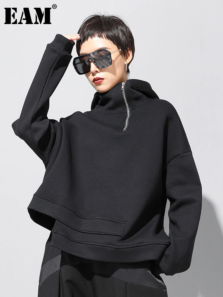 [EAM] Loose Fit Asymmetrical Big Size Sweatshirt New Hooded Long Sleeve Women Big Size Fashion Tide Spring Autumn 2024 19A-a527