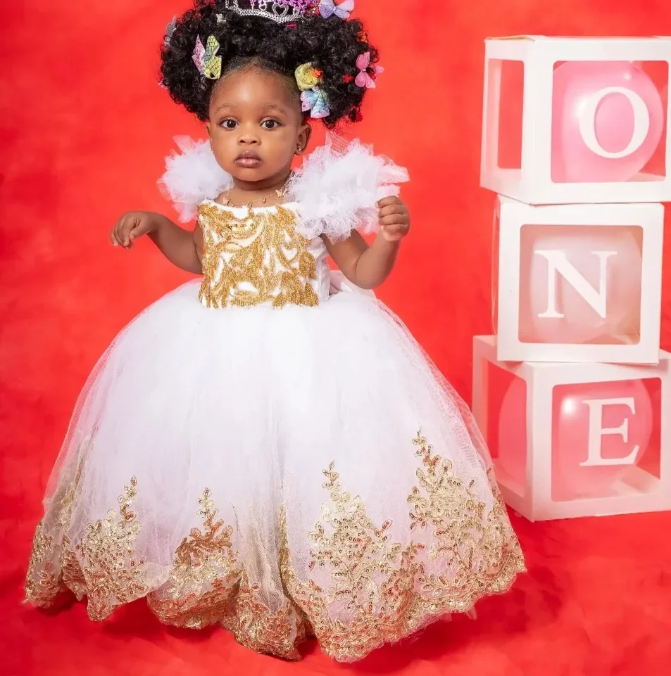 

Белое платье принцессы, платья с цветочным узором для девочек на свадьбу, золотые аппликации с бантом на спине, пышные платья для малышей, детское платье на день рождения, 12 м, 24 м