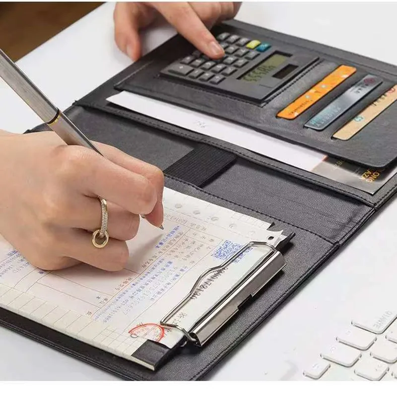 مجلد محفظة المستندات Padfolio A5 من جلد البولي يوريثان، مجلد مؤتمرات الأعمال متعدد الوظائف مع آلة حاسبة
