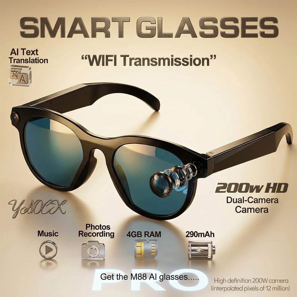 

Новые умные очки для мужчин и женщин с камерой 2 МП, Wi-Fi, Bluetooth, сенсорным управлением, водонепроницаемостью IP65, AI-переводом и шумоподавлением