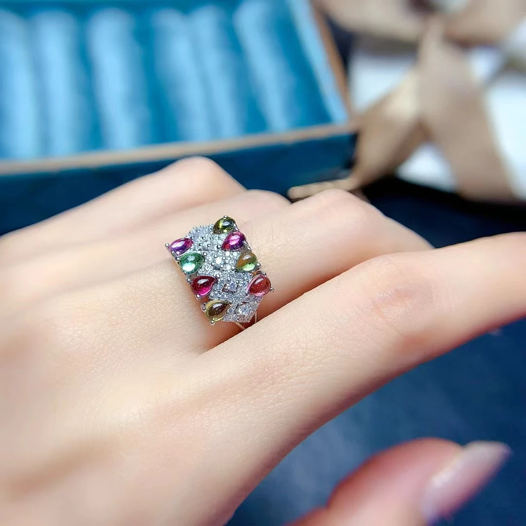 MeiBaPJ 3mm*4mm Natural Tourmaline Gemstone Fashion Colorful Stone Ring for Women Real 925 Sterling Silver Charm Fine Jewelry