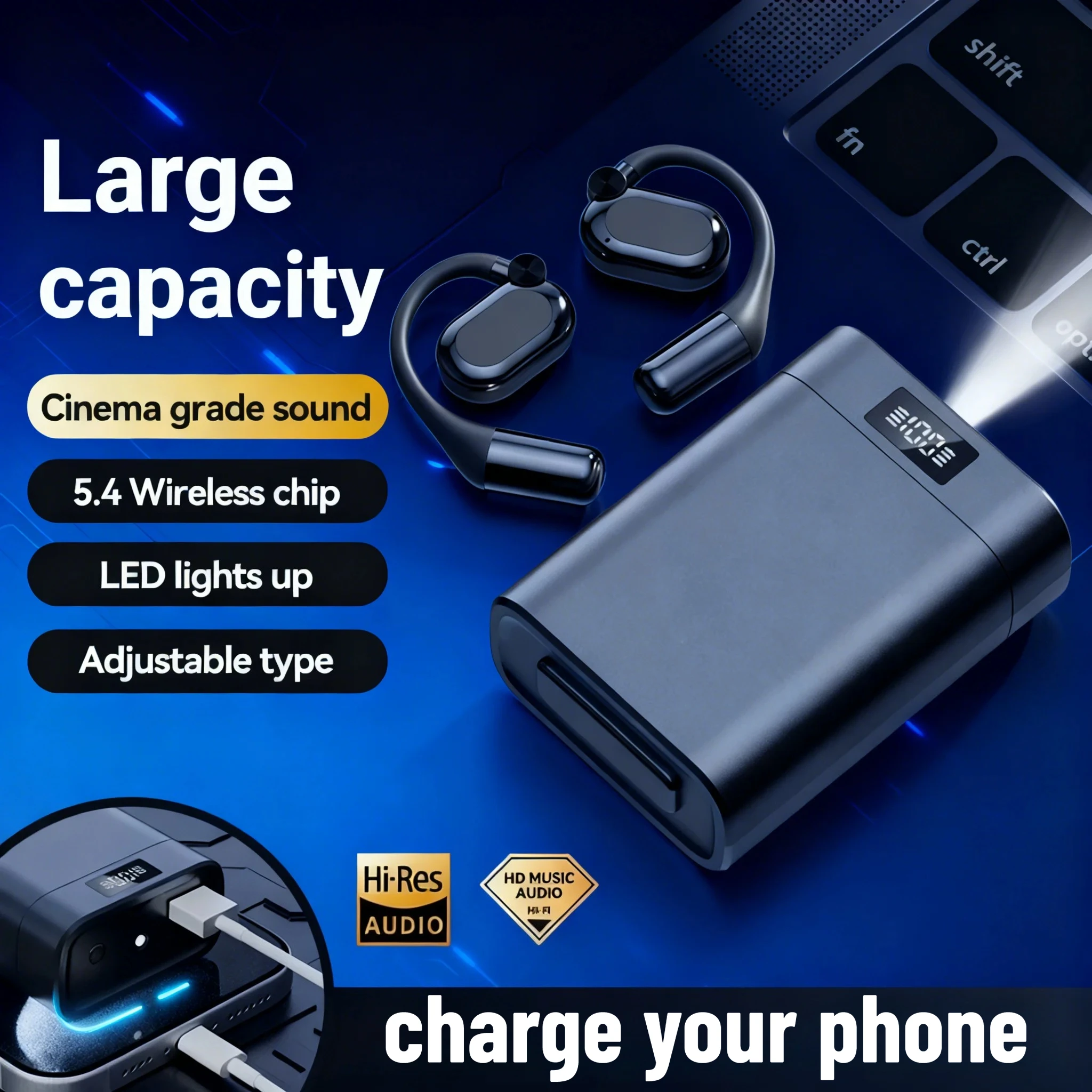 

Open-Ear BT5.4 Earphones with LED Lights Adjustable Ear Hook for Phone Charging Wide Compatible Language Translator Earbuds