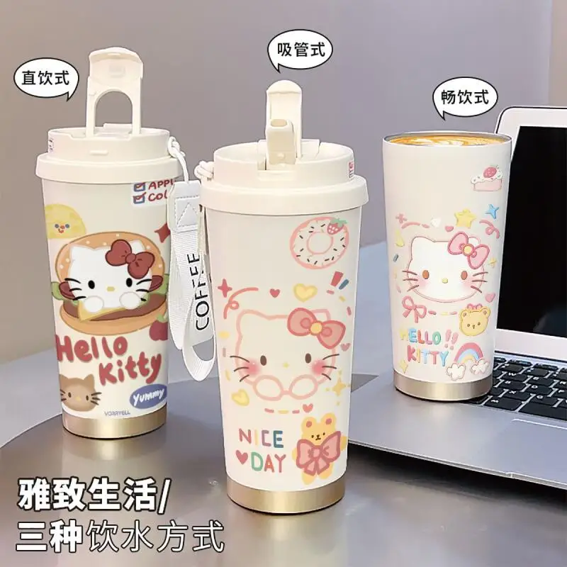 

Kawaiihellokitty Stainless Steel Thermos Cute Straw Cup Portable Coffee Cup High Appearance Water Cup for Girls Office Daily Use