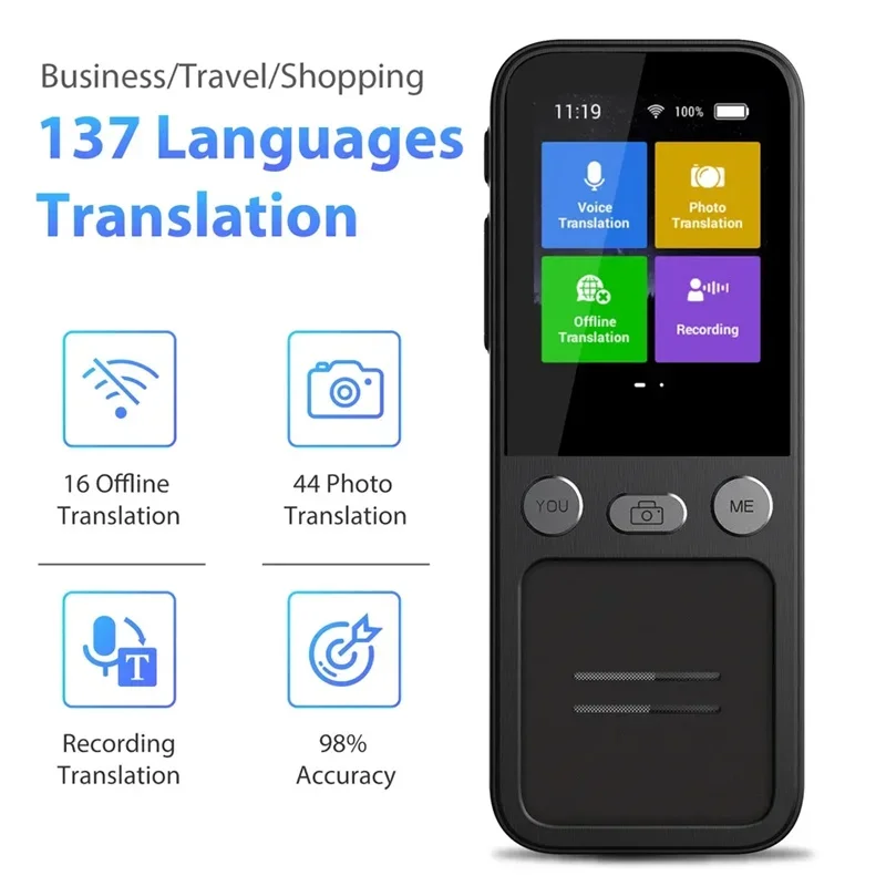 T16 AI Voice Real Time Translator Machine 138 Multi Online Languages Voice-Record 3.1 Inch Big Screen Offline Tradutor with 8GB