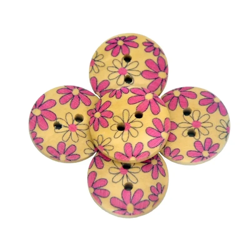 

20pcs Small Pink Flower Pattern Wooden Button Lucky Grass Round Wood Button For Women's Coats Shirts Handbags Decor Accessories