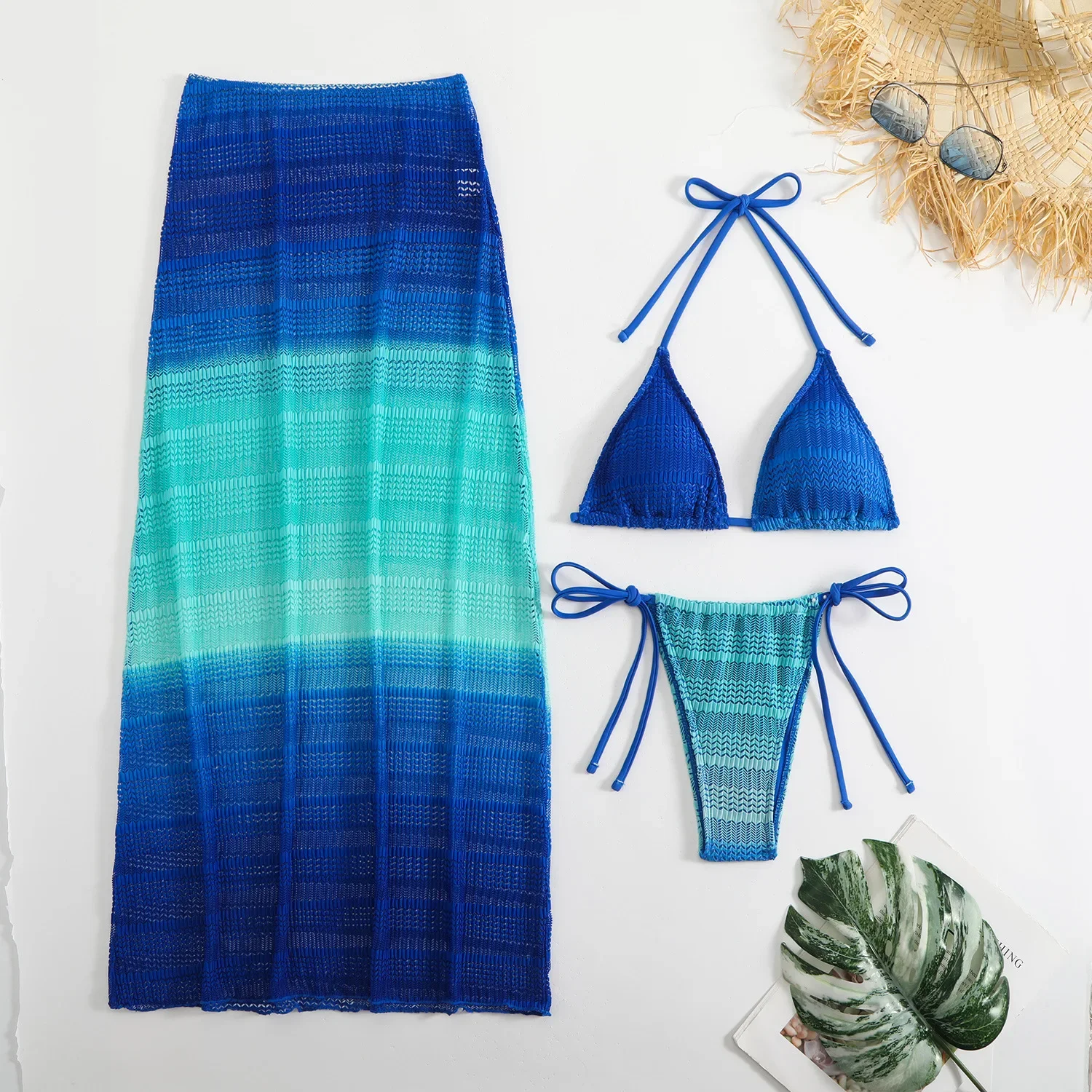 Sexy Gradient Women Swimwear with Lace Long Beach Dress Skirt 3 Piece Bikini Sets Swimsuit Beachwear Bathing Suit Outfits