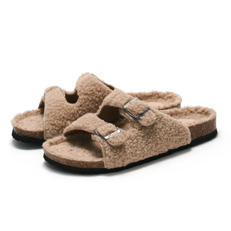 

New Sheep Fur Cork Slipper Autumn Winter Men Women Casual Genuine Leather Outside Solid Buckle Soft Plush Slides Shoe