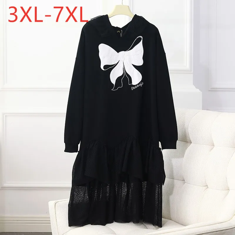 

New 2022 Spring Autumn Plus Size Hoodie Dress For Women Large Loose Long Sleeve Black Cotton Ruffle Dress 3XL 4XL 5XL 6XL 7XL