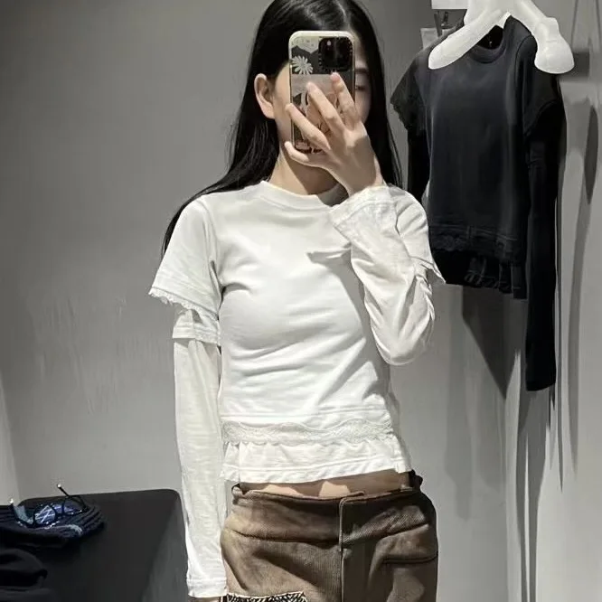 

Повседневная женская хлопковая футболка с длинным рукавом, эффектом двухслойности, кружевной отделкой и лоскутным дизайном, с эффектом окрашивания спреем, влагоотводящая