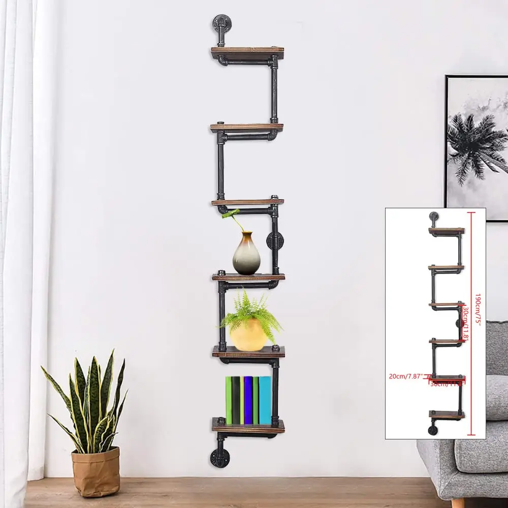 

6-Tier Wall Shelves for Bedroom Decor, Industrial Pipe Shelving Wall Shelves for Living Room Kitchen Storage, Wall Mounted Rustic