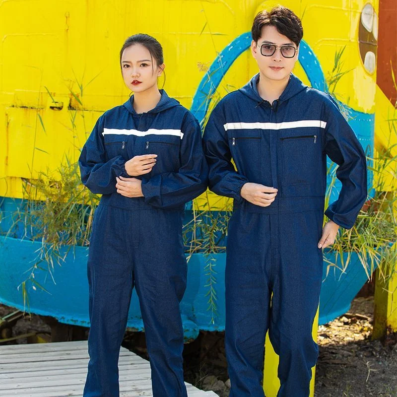 Men Denim Coverall Workwear Reflective Strip Dust Proof Wear Resistant Mechanic Overall