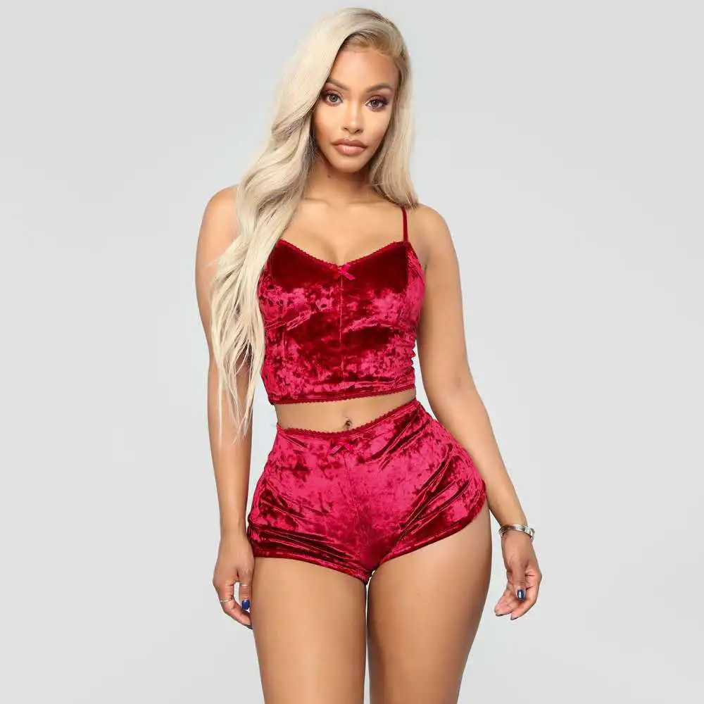 Frauen Samt 2 Stück Outfit Spaghetti Strap Ärmel Crop Top + Shorts Set