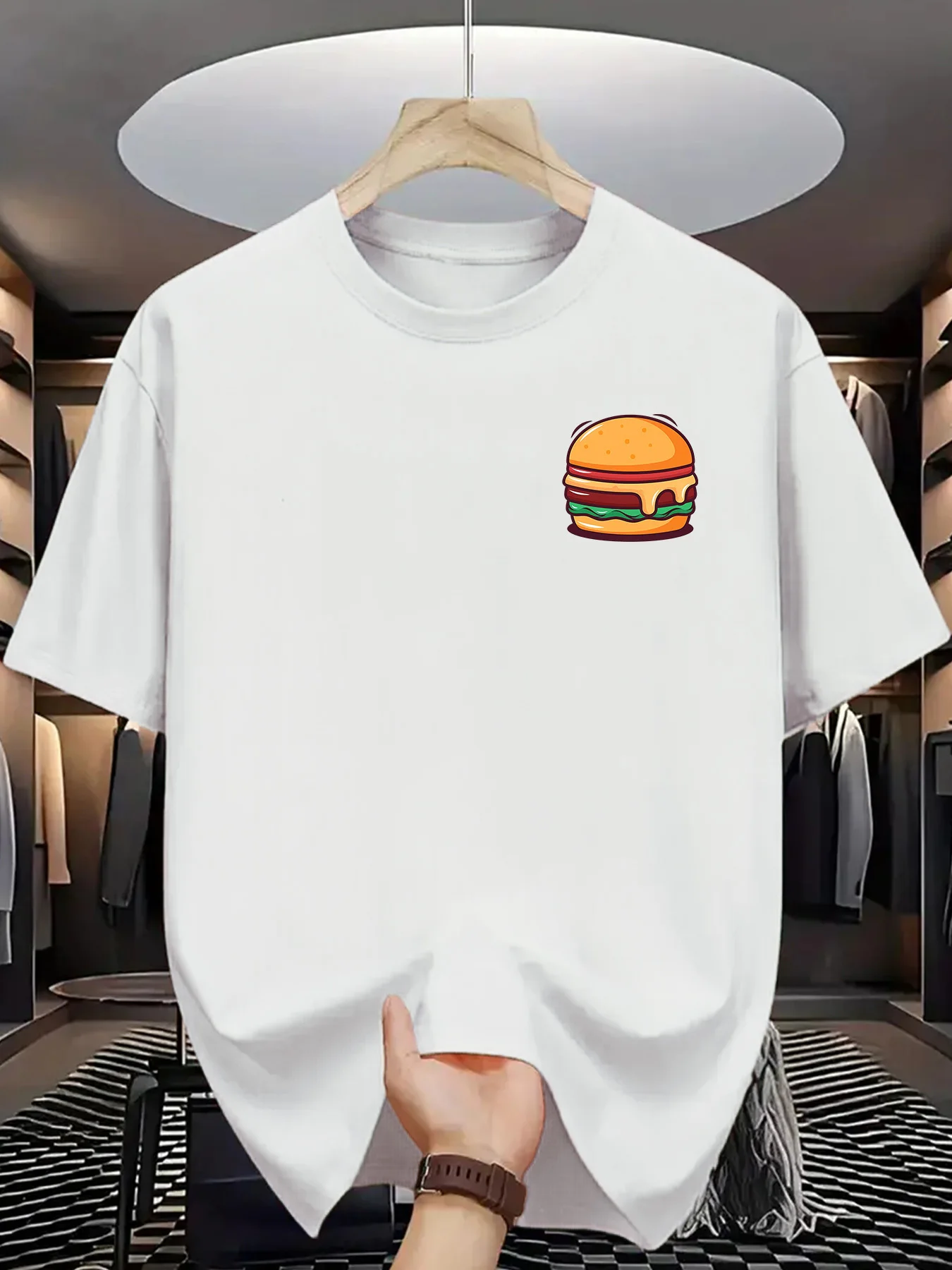 Warm Brown Tee Mini Melted Cheese Hamburger Left Chest Graphic Mens Short Sleeve Crew Neck Tiny Food Casual Daily Soft Top