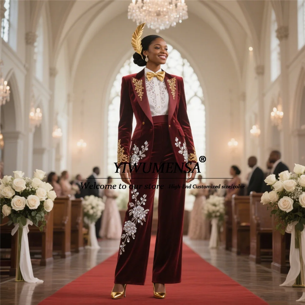 Metallic Jewelry Ornament Burgundy Women Pants Suit 2 Pieces Double Breasted Prom Tuxedos Customized Mother Of Bride Dresses