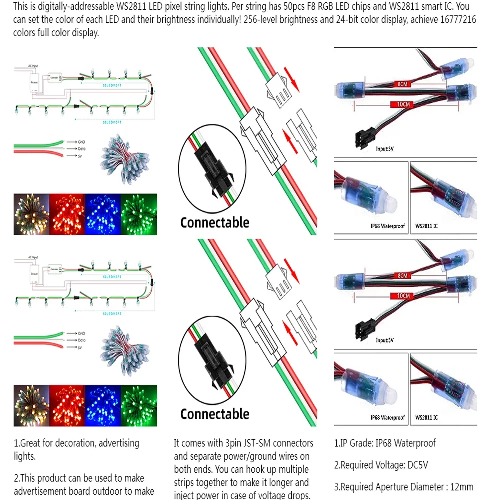 50pcs WS2811 2811 IC RGB Full Color 12mm Pixels Digital Addressable 5V 12V Dream Color LED Pixels Module IP68 Waterproof Light