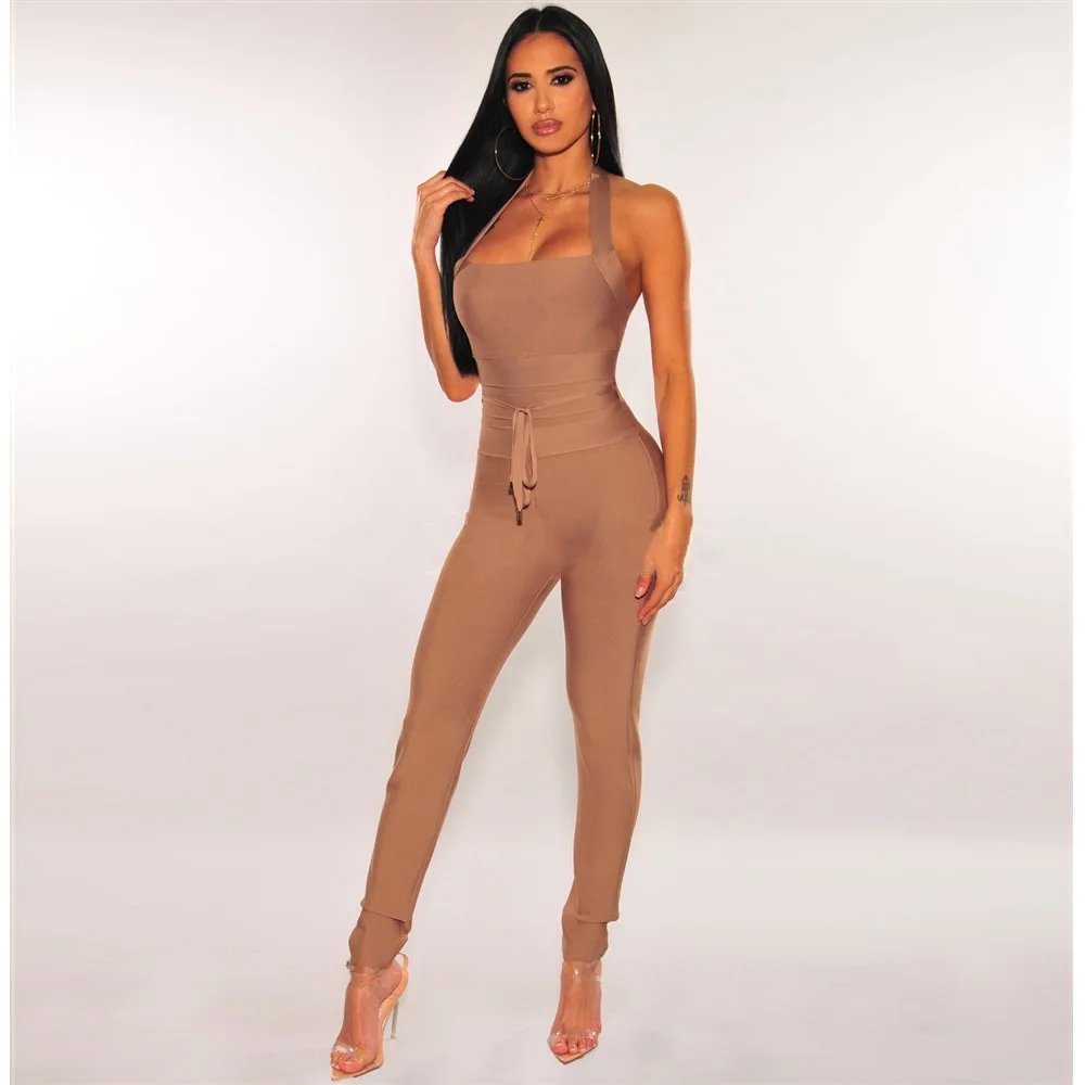 STOCK New Arrival Sleeveless Halter Package Hips Badycon Bandage Jumpsuit Fashion Woman High Street Wear Nightclub Party Outfit