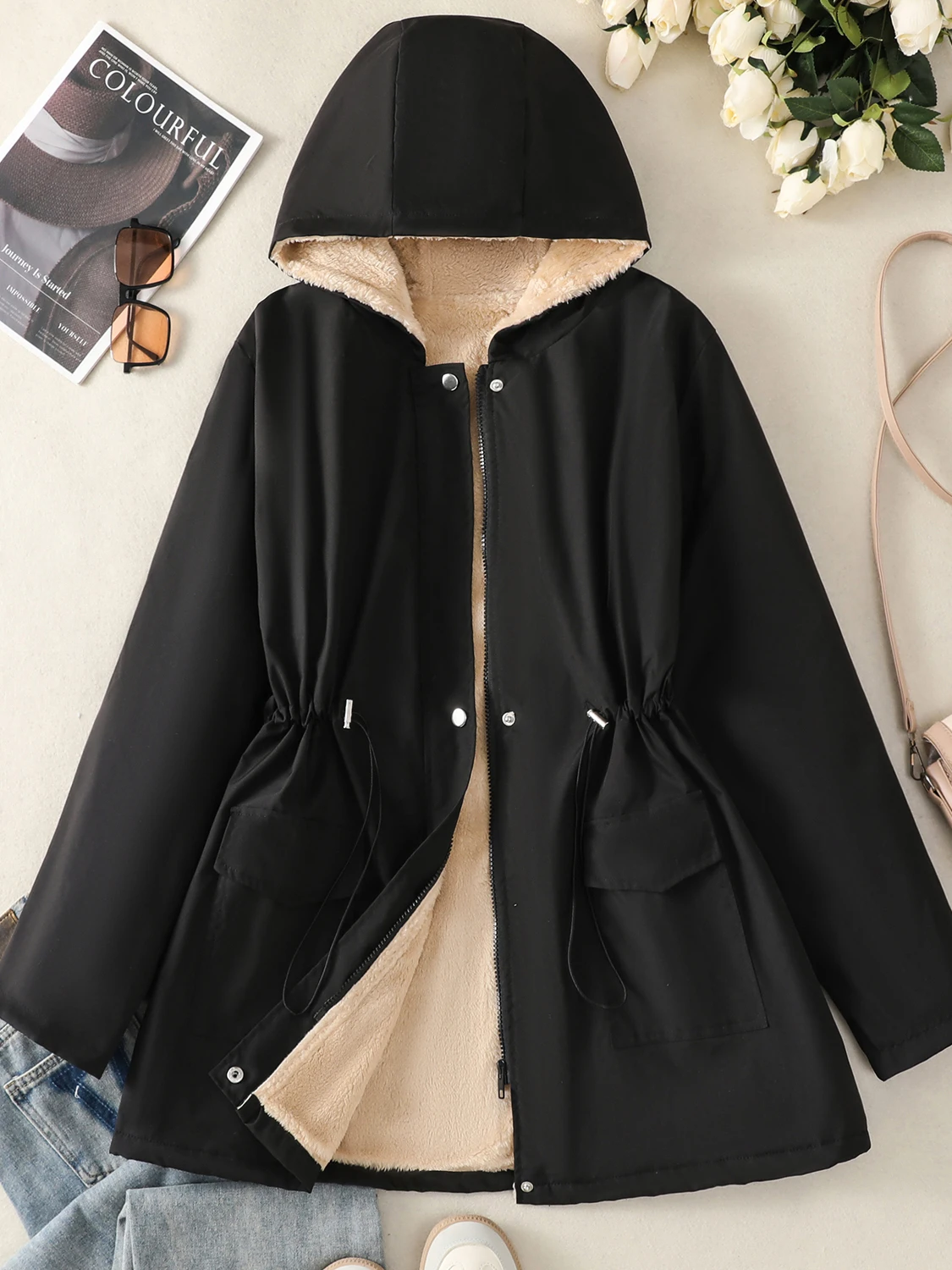 معطف سترة بقلنسوة من Faionable ملابس شتوية نسائية قطن Fce مبطن Jaet Sli Commute Sle طويل Sve #2