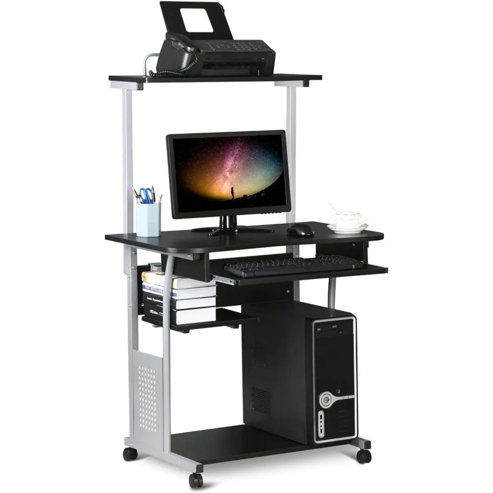 

2 Tier Mobile Computer Desk with Printer Shelf & Keyboard Tray Rolling Computer Table for Small Spaces, Compact Study