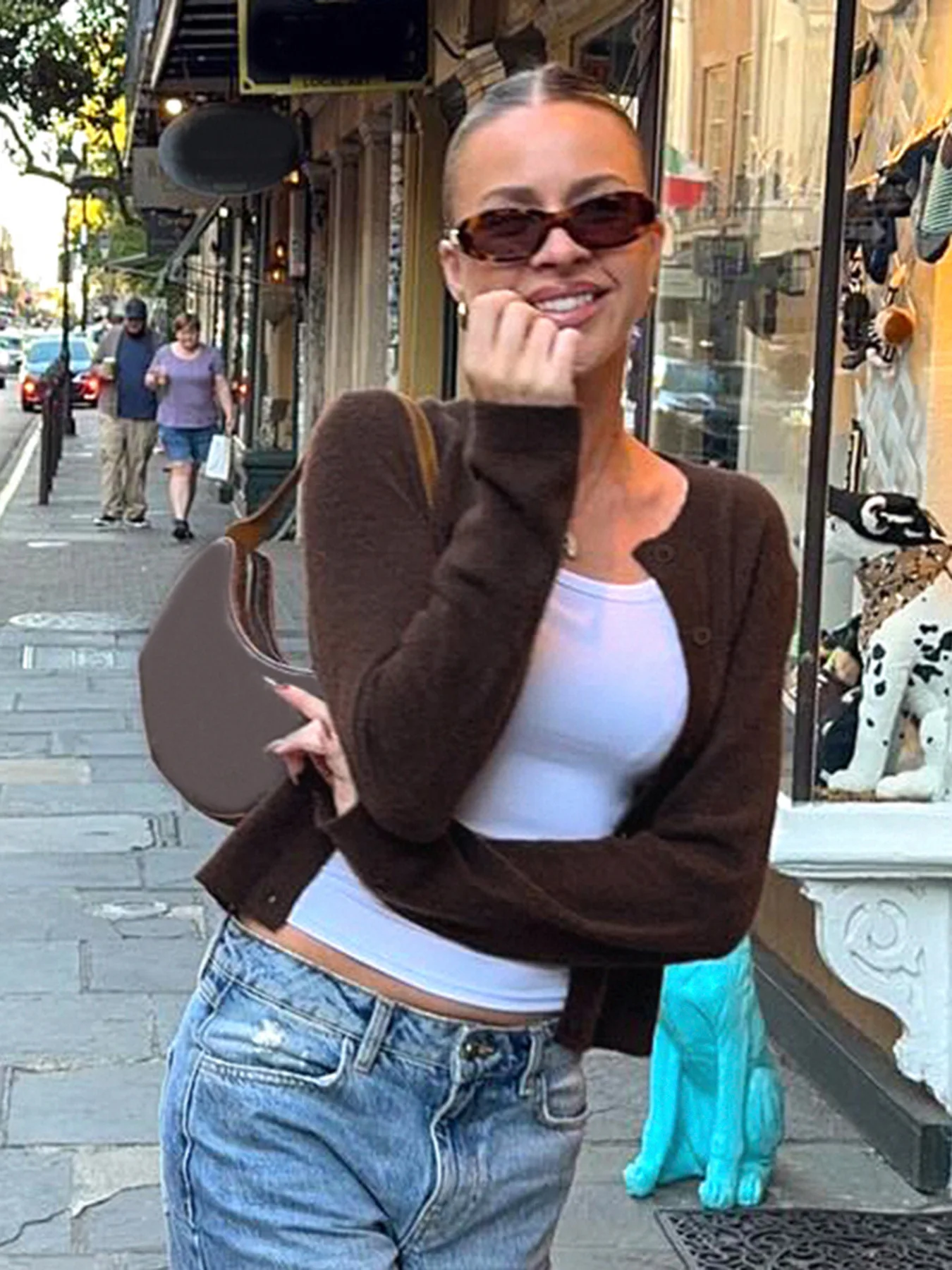 

Американский кардиган свободного кроя однотонного цвета с круглым вырезом и пуговицами, женская повседневная универсальная утягивающая верхняя одежда