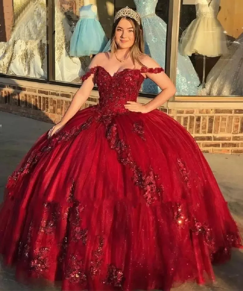 ANGELSBRIDEP Luxury Shiny Burgundy Quinceanera Dresses Vestidos De 15 Anos Off-Shoulder 3D Flower Applique Formal Princess Gown