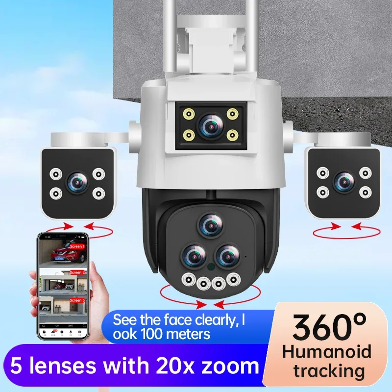30MP HD WiFi Camera 20X Zoom Five Lens Three Screen Night Vision Two Way Motion Detection Waterproof CCTV Surveillance Cameras