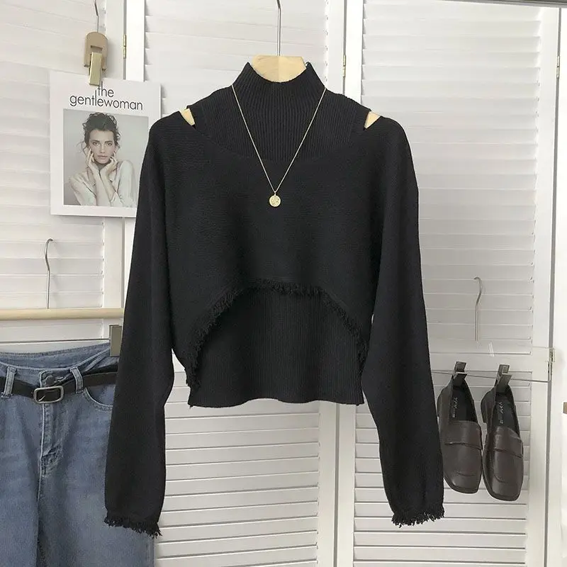 Two Piece Set for Women Korean Fashion Hollow Half High Collar Knitted Sweater Elegant Tassel Long Sleeve Slim Fit Pullover Tops