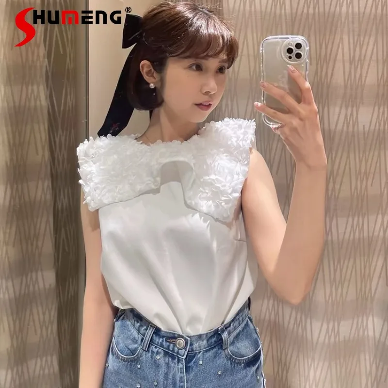 Japanese Rojita Style 2024 Summer Three-Dimensional Large Petal Collar Sleeveless Top T-shirt Two-Color Optional Women's Clothes