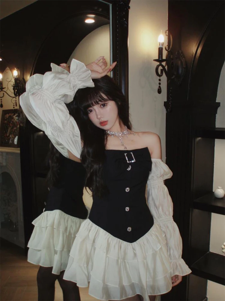 Off-the-shoulder Sexy Lolita Dress Female Goth Aesthetic Puff Sleeve High Waist Vintage Party Othic Clothes Summer Dress Woman