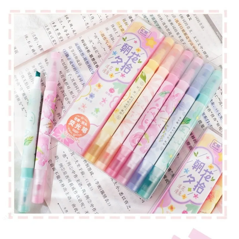 6pc/set Double Head Pastel Color Fragrance Highlighter Kawaii Stationery Color Marker School Supplies Marker Japanese Stationery