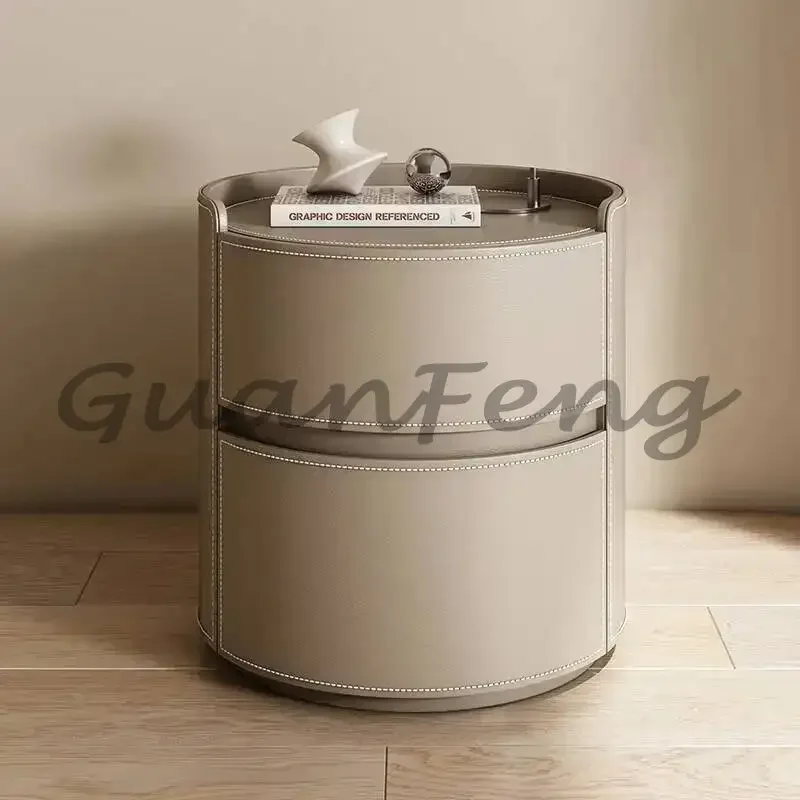 Modern Round Solid Wood Nightstand, Saddle PU Leather Top Bedside Table for Bedroom Furniture