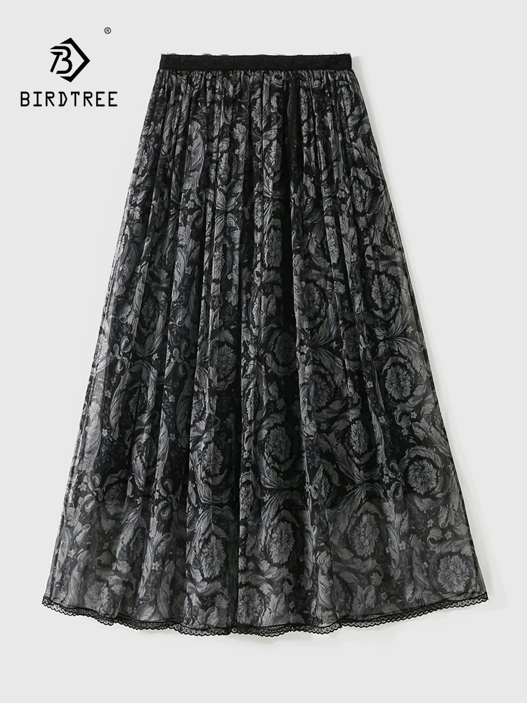 

BirdTree-100%Real Silk Elegant Skirts, Elastic High Waist Print, Women Vinatge Thin A-line Mesh Skirt, 2026 Summer New B63644CC