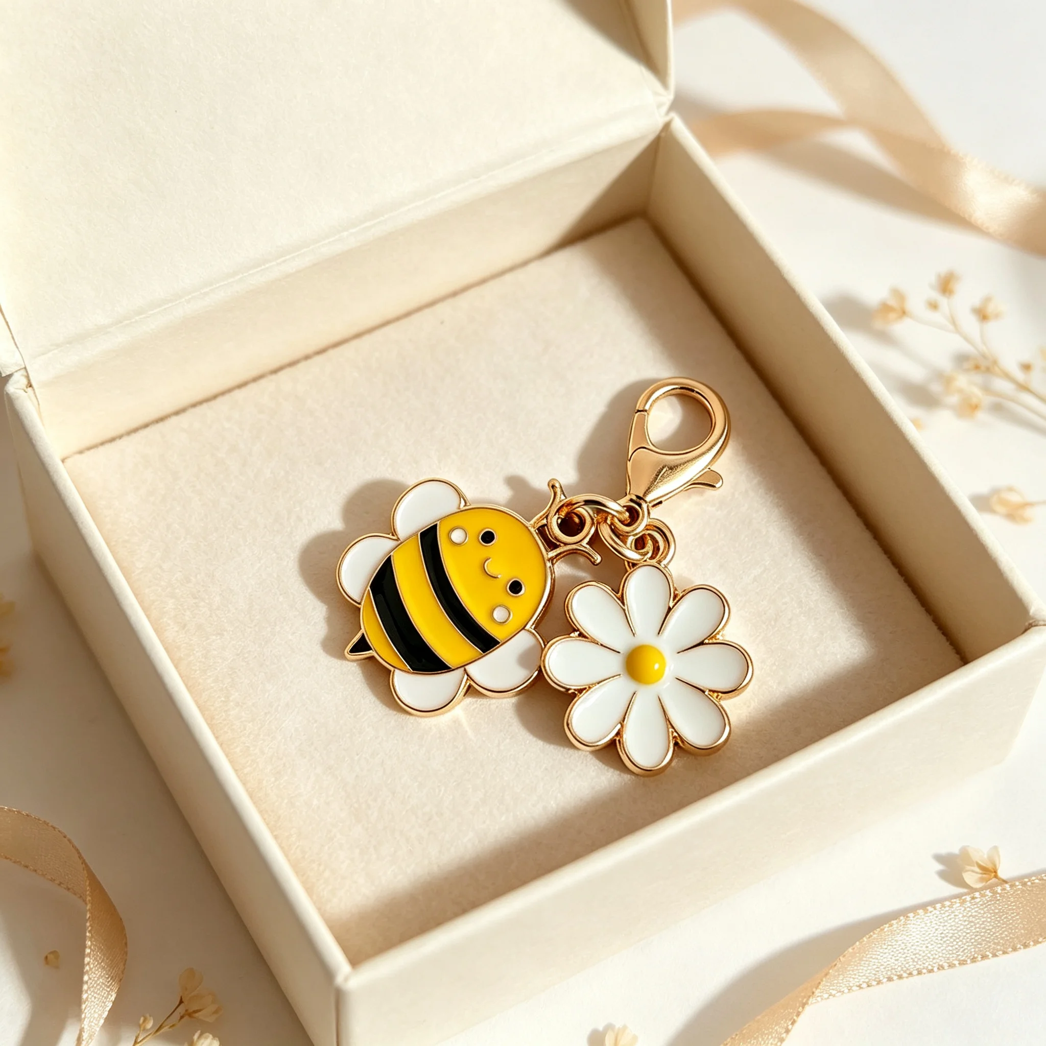 1/10 Stück Niedlicher Bienen-Gänseblümchen-Emaille-Schlüsselanhänger mit Karabinerverschluss, Taschenanhänger, Cartoon-Blumen-Schlüsselring, Rucksack-Accessoire, Weihnachtsgeschenk – Detail 3
