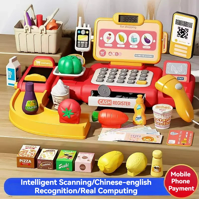 Fai finta di giocare con calcolatrice registratore di cassa giocattolo supermercato negozio cassiere registratori con scanner microfono carta di credito regali per bambini