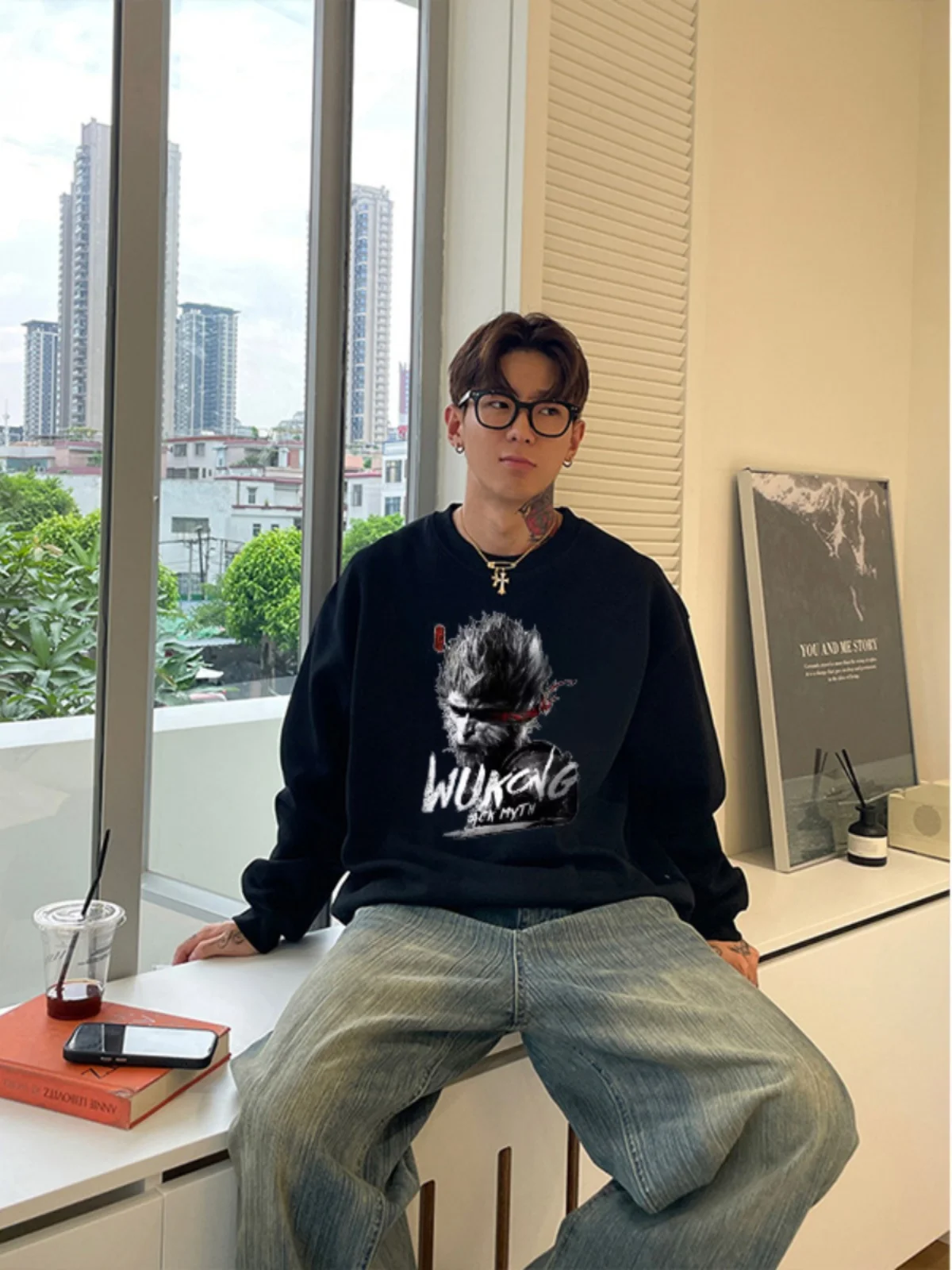 

Extra Large 300 Pounds Retro round Neck Sweatshirt Men's Spring Autumn New Black Myth Monkey King Jacket Trendy Chinese Style