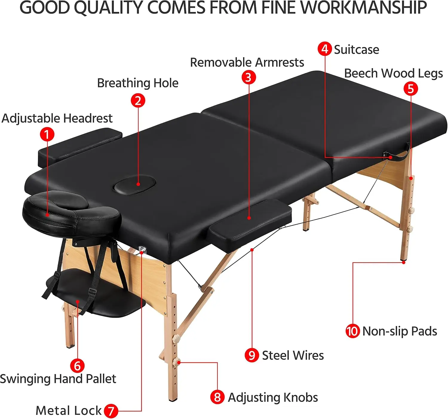 Portable Folding Massage Table Lash Bed Beechwood Legs 551 LBS Capacity 8 Height Adjustment 25.2-33.7 In Quick Lock Headrest Spa Beauty