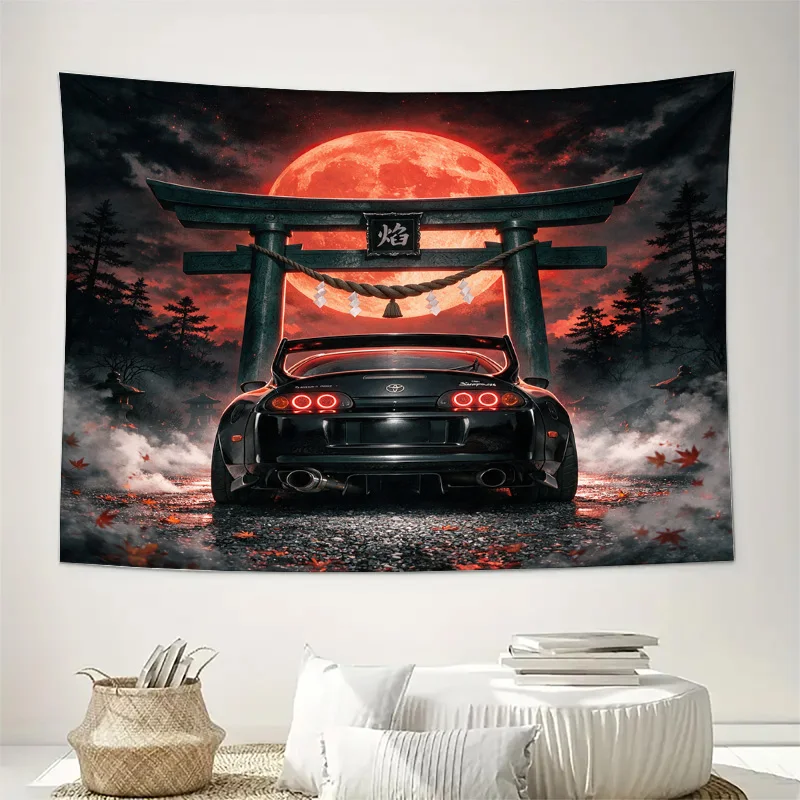Japanese Torii Gate Moon Car Anime Supra JDM Wall Tapestry Curtain Window Decoration Art Print Home Decor view 2