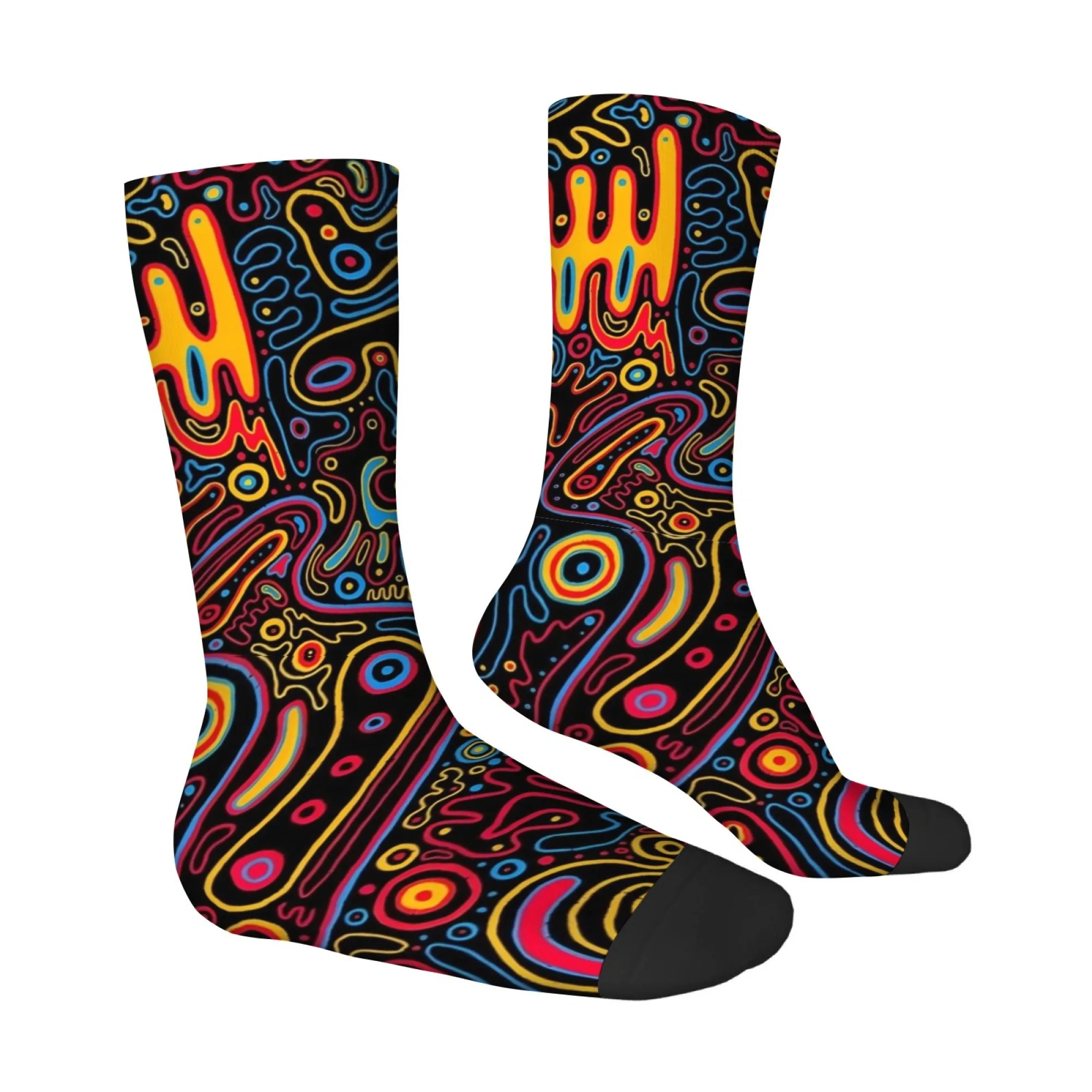 Fluorescent Psychedelic Abstract Graffiti Men's Mid-calf Socks Black Cool Eye-catching Trendy Perfect for Music Festivals