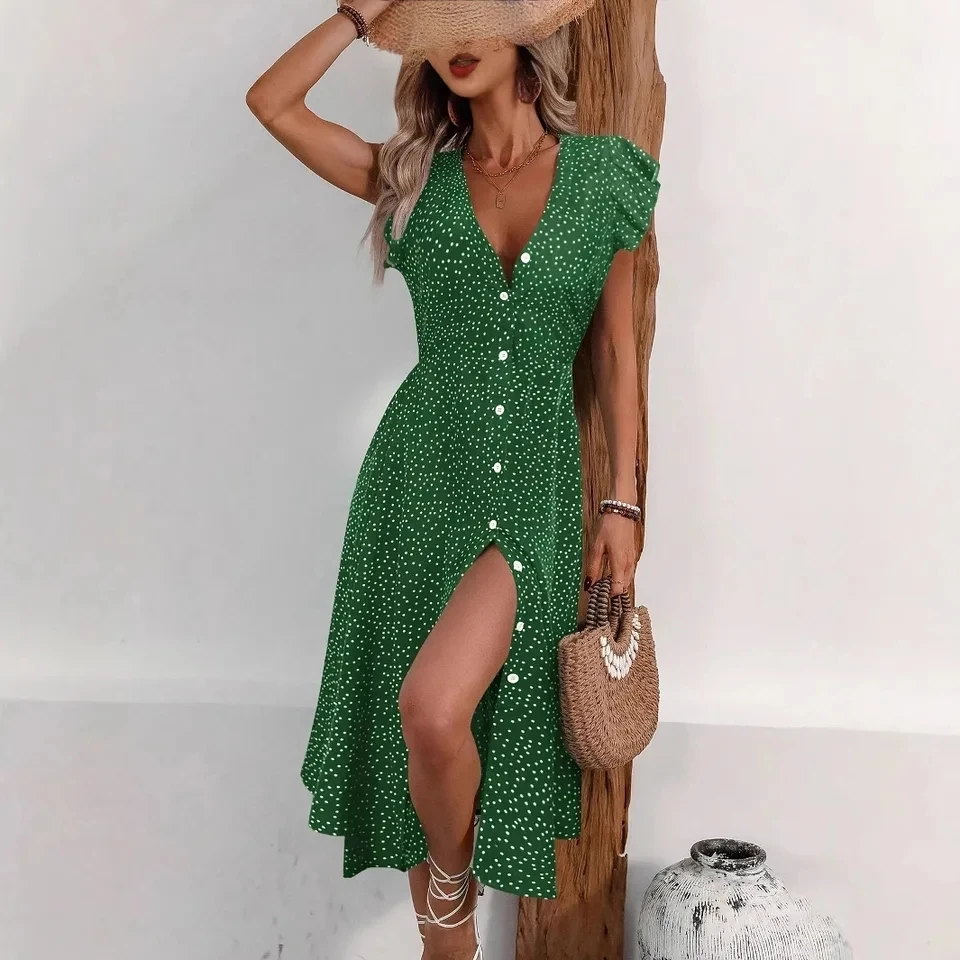 

Sukienki Wizytowe V-neck Button-down Waist Slimming Knee-high Polka-dot Long Dress Womens Summer Sleeveless Vest Commuting Dress