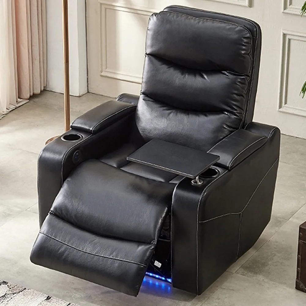 Electric Power Recliner Chair with LED Lights,Home Theater Seating with Swivel Tray Table,Faux Leather Recline Single Sofa Chair