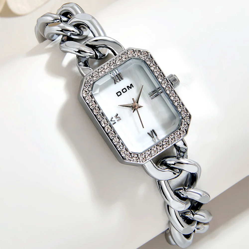 

DOM Brand New Silver Steel Women Watches Ladies Women's Bracelet classic small square Watch Ladies Clock Quartz Watch G-1379