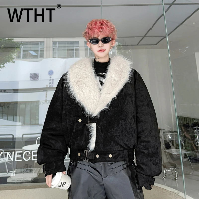 

WTHT Fashion Men's Spliced Faux Fur Contrast Color Coats Trendy 2025 Winter Turn Down Collar Casual Jackets Male 2A2359