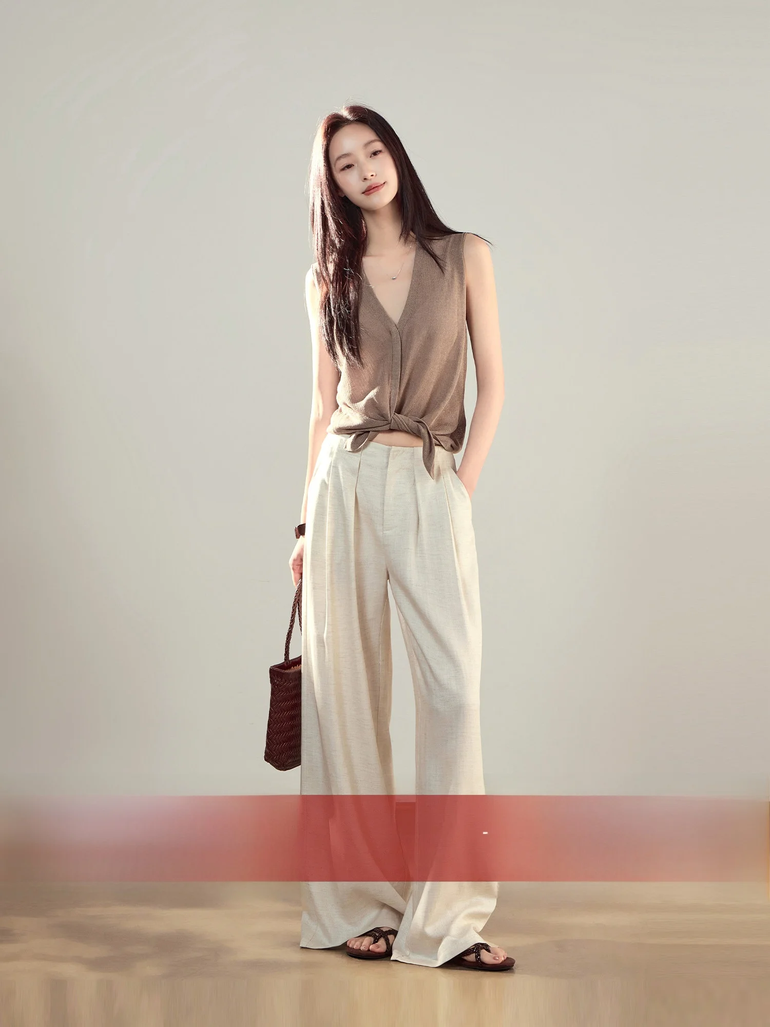 

Rise of the Small Résille Linen Casual Pants Women Summer Drapey Slimming Loose Wide Leg Pants High Waist Button Closure