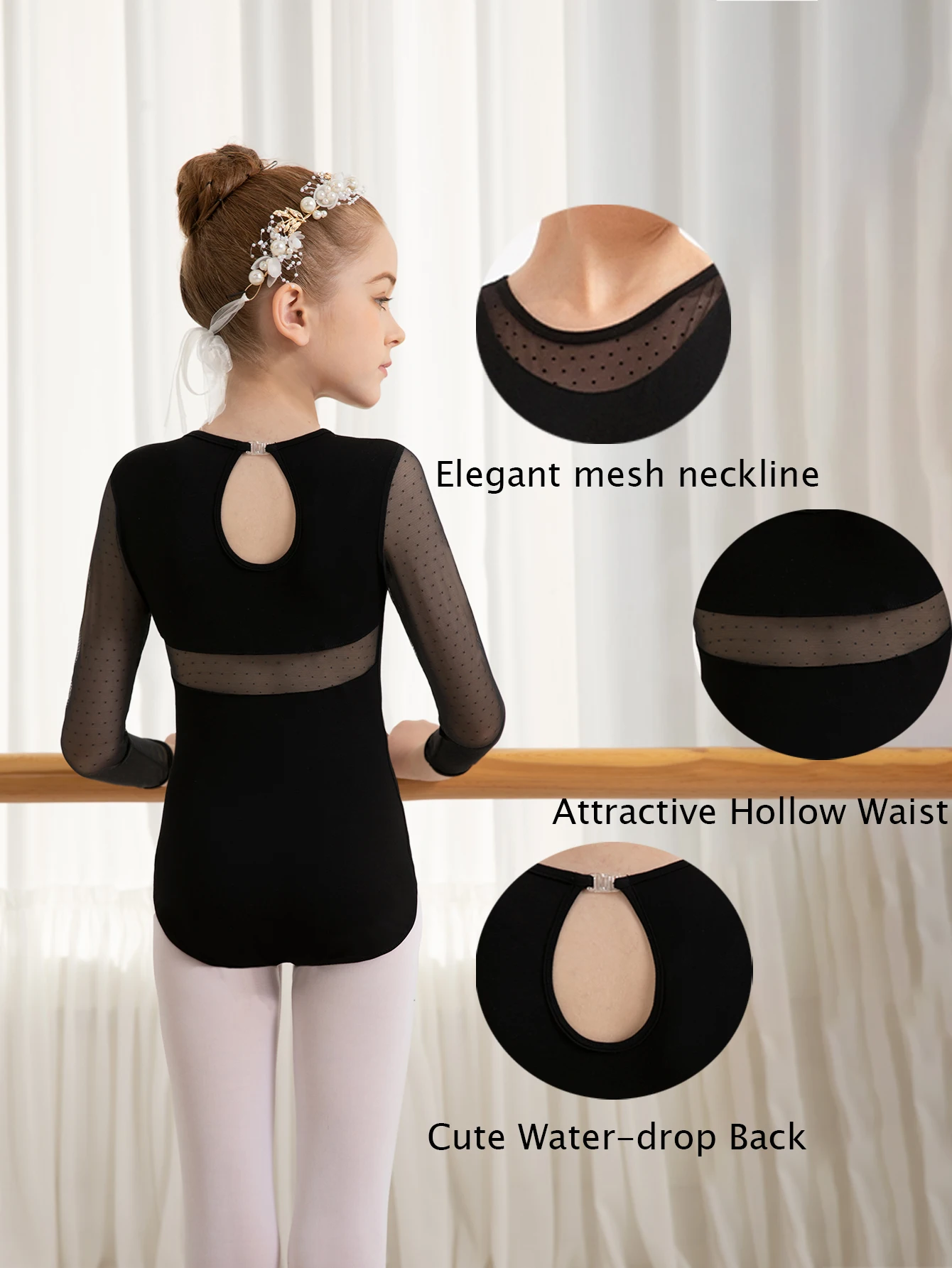 الفتيات قطرة الماء الجوف الظهر طويلة الأكمام رداء رقص الباليه طفل الخصر شبكة الجمباز ملابس الاطفال Dancewear أكتيفيوير