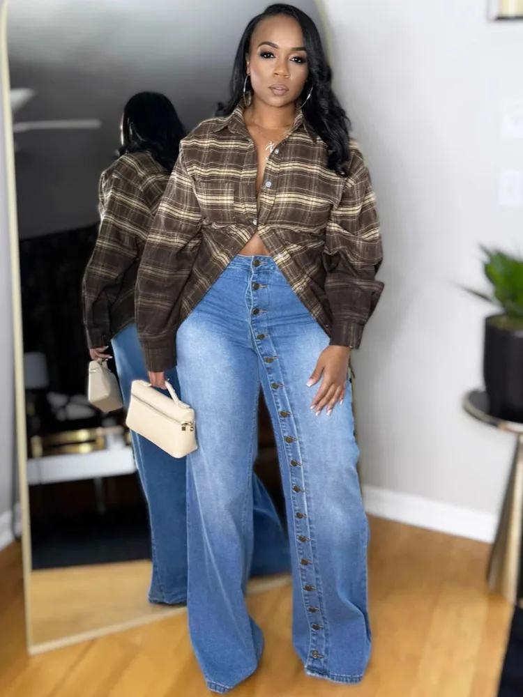 Fashion Retro Women's Multi Button Straight Leg Denim Pants 2025 Spring New High Waisted Wide Leg Pants High Street Female Jeans