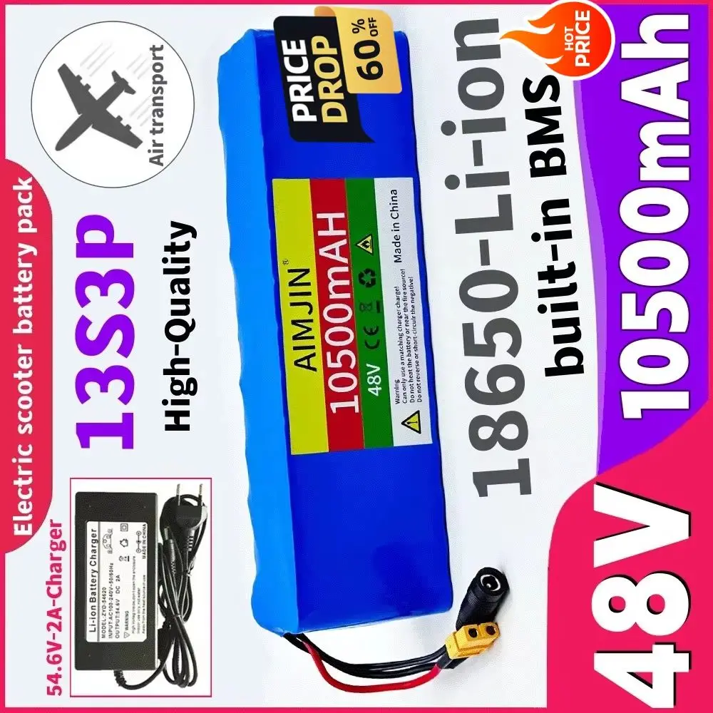 48V 10500mAh 20000W 13S3P 18650 Lithium-Ion Rechargeable Battery Pack For Bicycle With BMS+54.6V 2A Charger