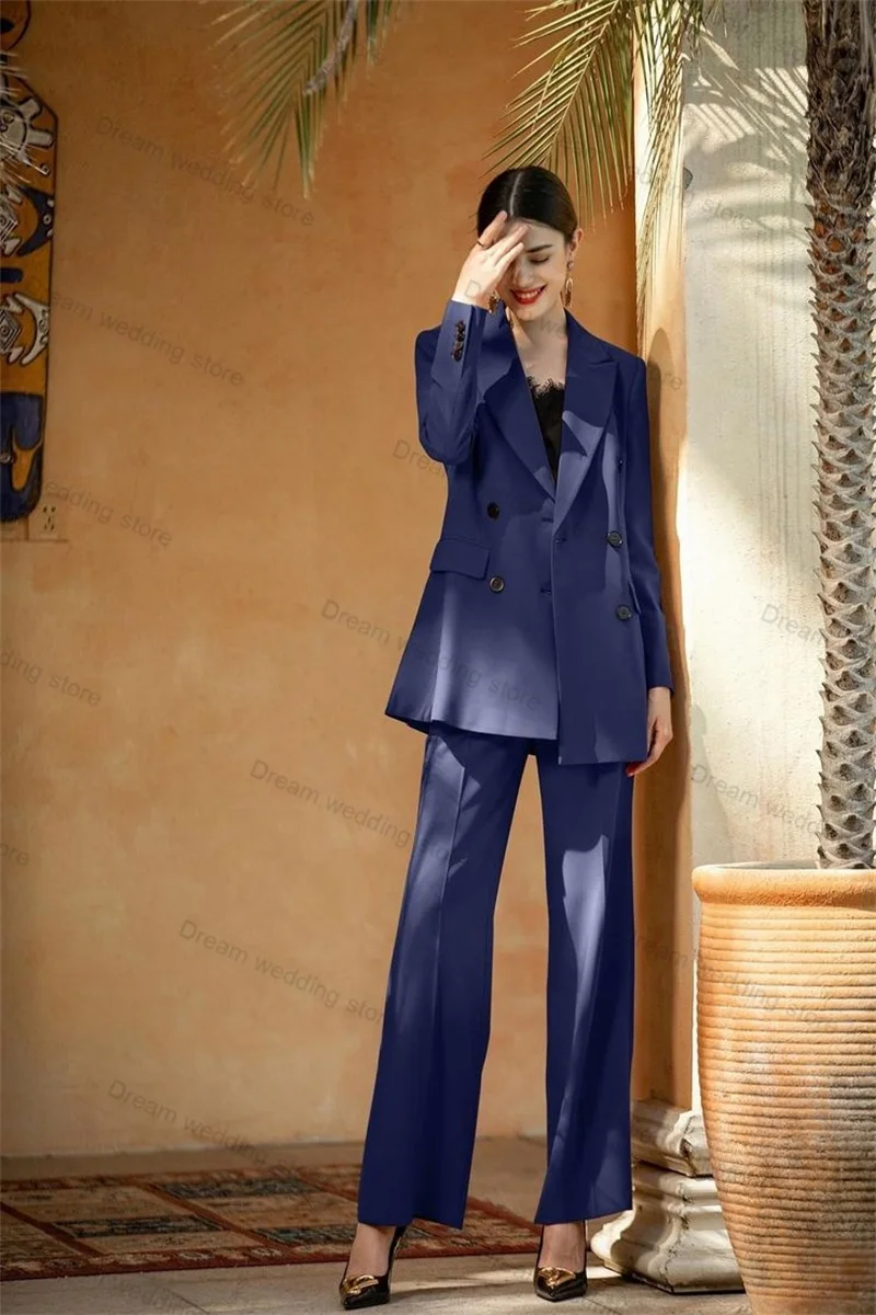 

Formal Navy Blue Women Suits Pants Set 2 Piece Cotton Blazer+Trousers Wedding Tuxedo Tailor Size Office Lady Jacket Banquet Coat