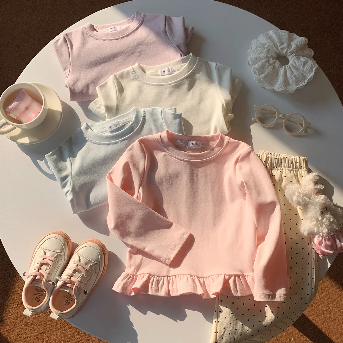 2-8T Toddler Girls Solid Color Long Sleeve T-Shirt Ruffle Hem Basic Tops Kids Cute Casual Blouse Autumn Children Clothing